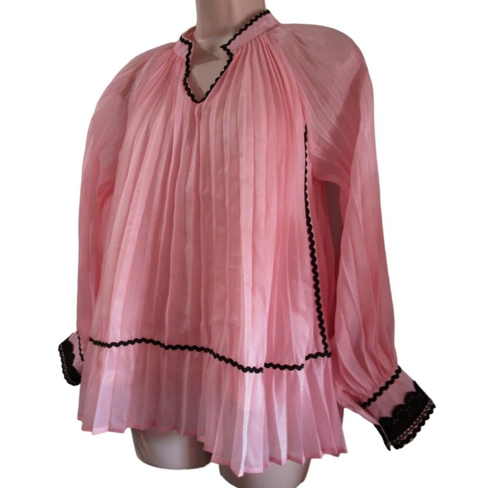 VGU Pink Accordion Pleated Swing Blouse Black RicRac Lace Vintage Style Med EUC - Picture 8 of 15